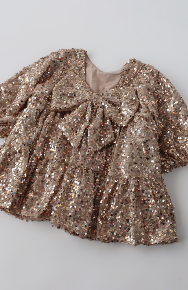 Lila Sequins Bow Dress - Gold Glitter