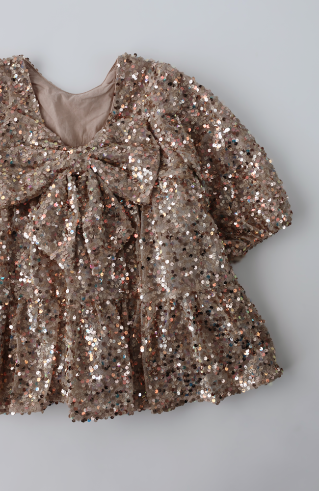 Lila Sequins Bow Dress - Gold Glitter