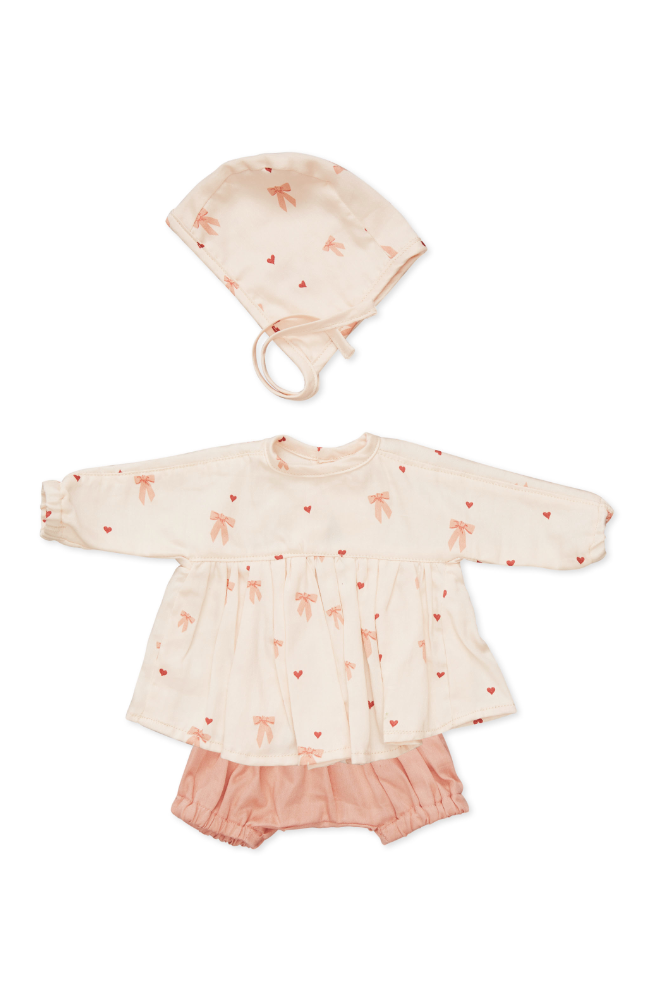 Doll's Clothing Set & Bonnet - Bows