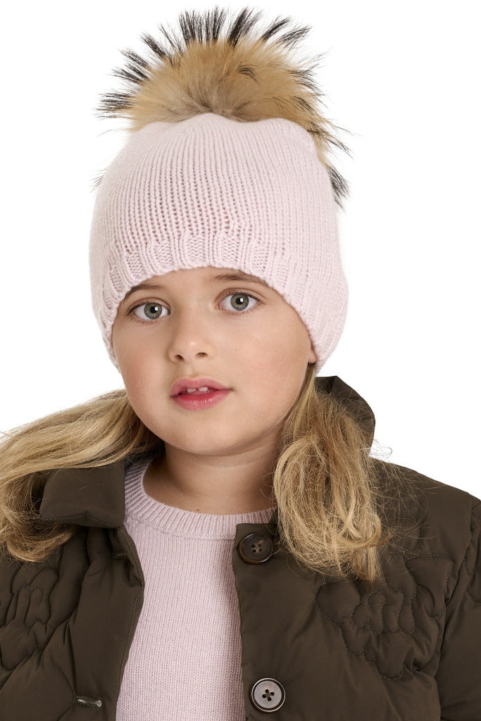 Cashmere Hat w. Fur PomPom - Rose Powder