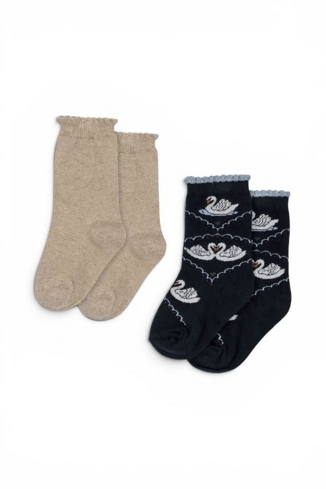2 Pack Swan Jacquard Socks - Navy / Off White