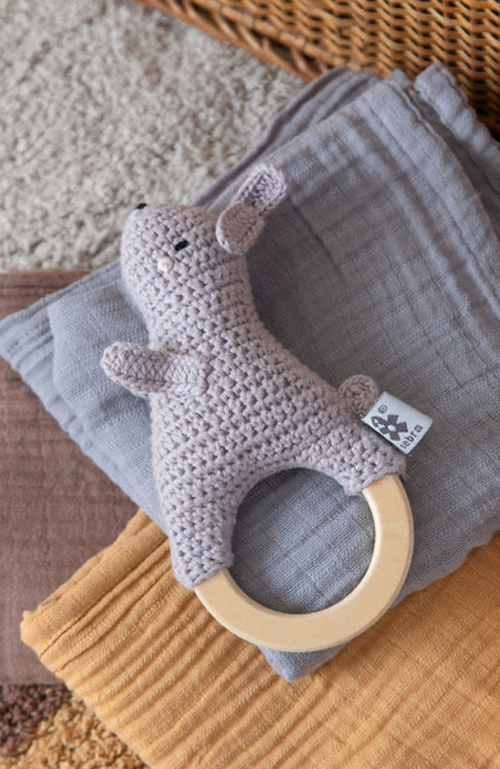Rattle On Wooden Ring, Crochet - Rabbit