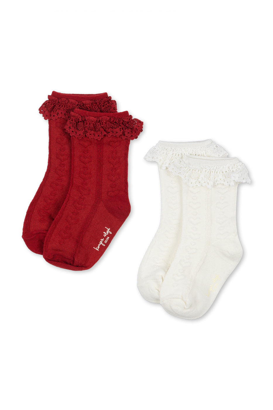 2 Pack Pointelle Frill Socks - Red / Off White