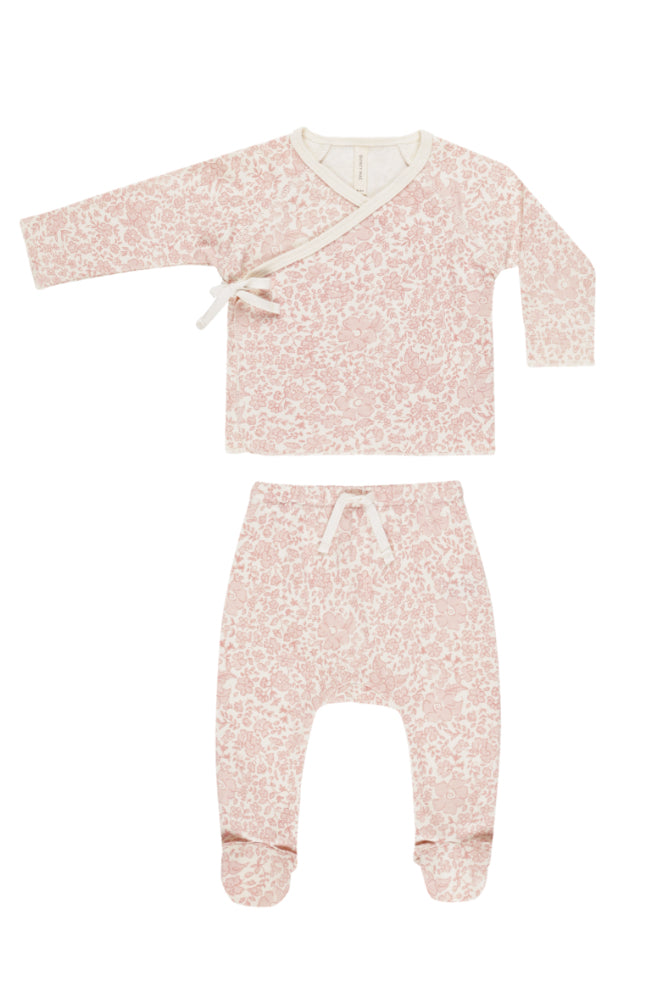 Wrap Top + Footed Pant Set - Pink Blossom