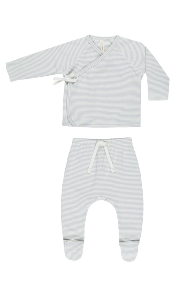 Wrap Top + Footed Pant Set - Sky Micro Stripe