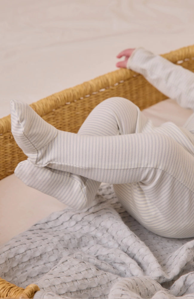 Wrap Top + Footed Pant Set - Sky Micro Stripe