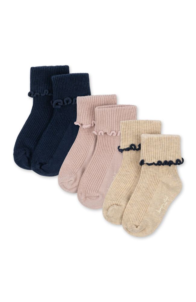 3 Pack Rib Frill Socks - Navy /Cream /Blush