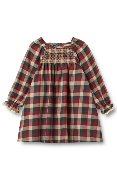 Kjóll L/S Blúndu Bella - Rauður Blár Rúðóttur stærð 98-128