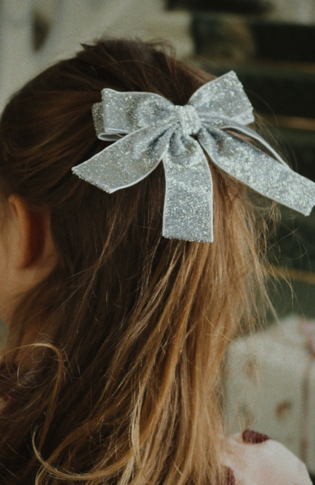 Glitter Velvet Double Bow Hair Barrette - Silver