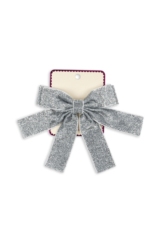 Glitter Velvet Double Bow Hair Barrette - Silver