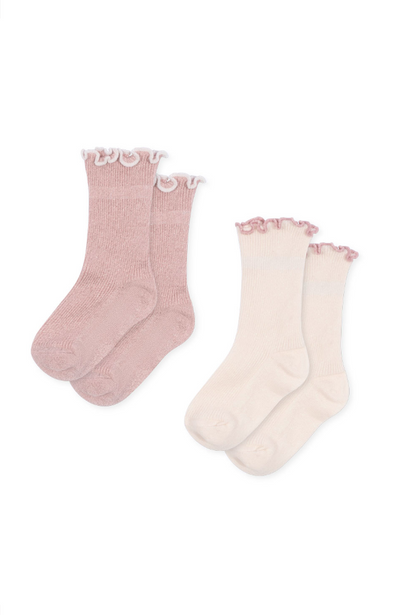2 Pack Rib Frill Socks - Rose/Off White