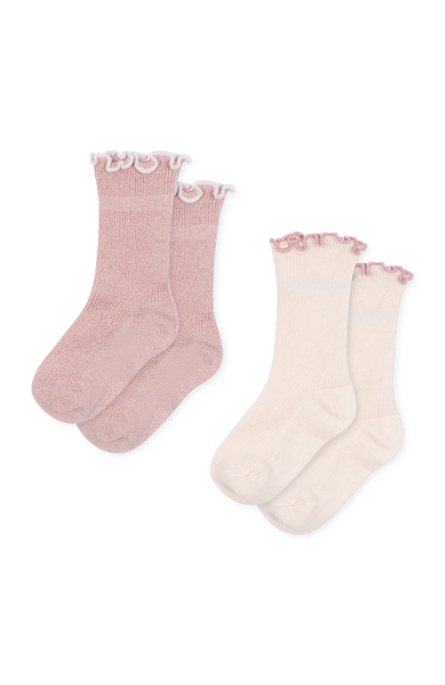 2 Pack Rib Frill Socks - Rose/Off White