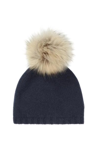 Cashmere Hat w. Fur PomPom - Navy