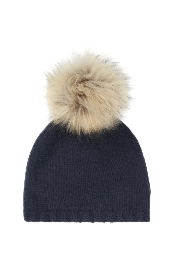 Cashmere Hat w. Fur PomPom - Navy