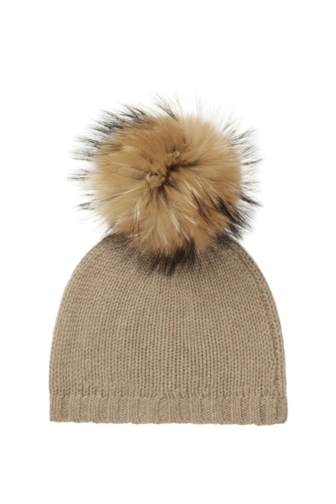 Cashmere Hat w. Fur PomPom - Bear Melange