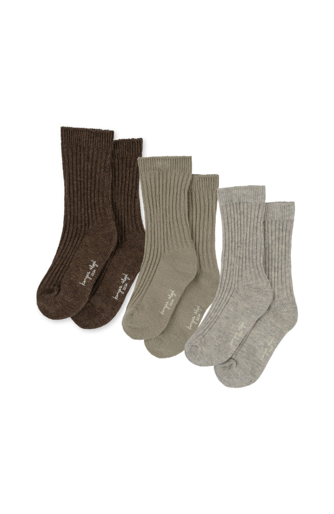 3 Pack Rib Socks - Soft Grey/Ment/Brown