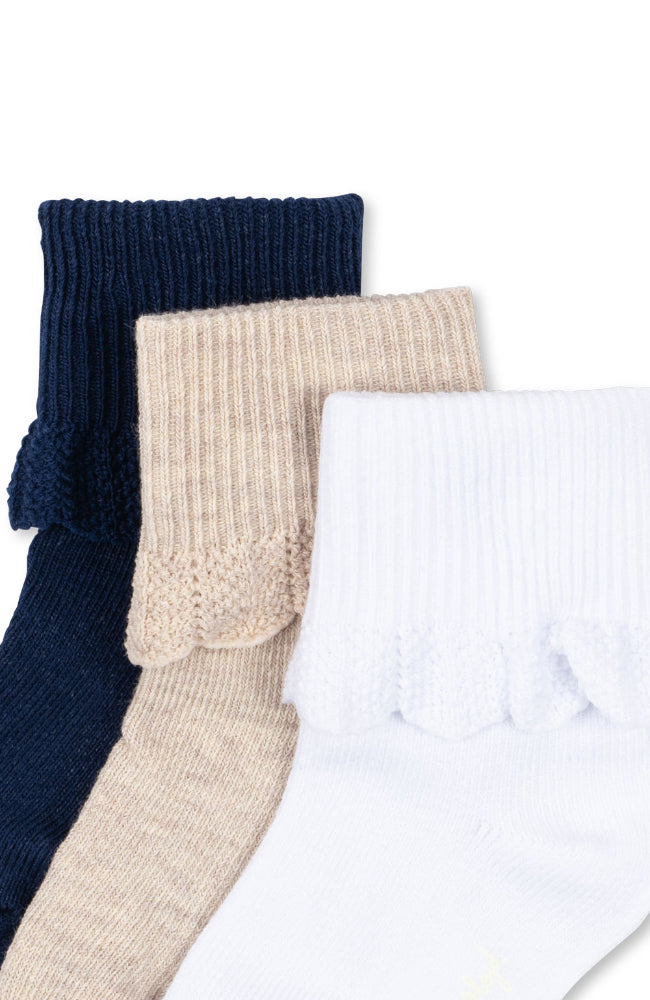 3 Pack Frill Socks - White/Navy/Beige