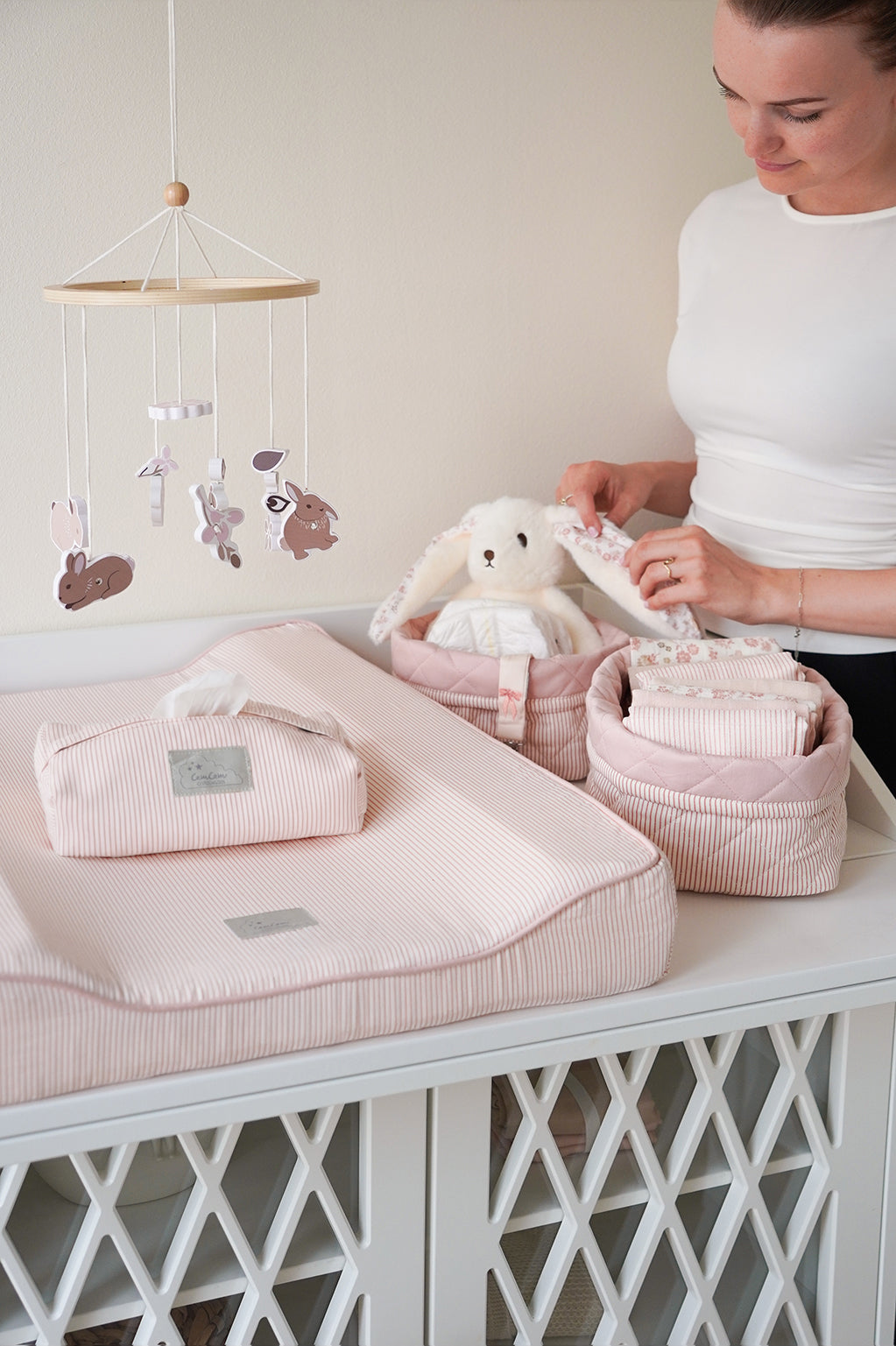 Quilted Storage Basket, Set Of Two - Classic Stripes Rose