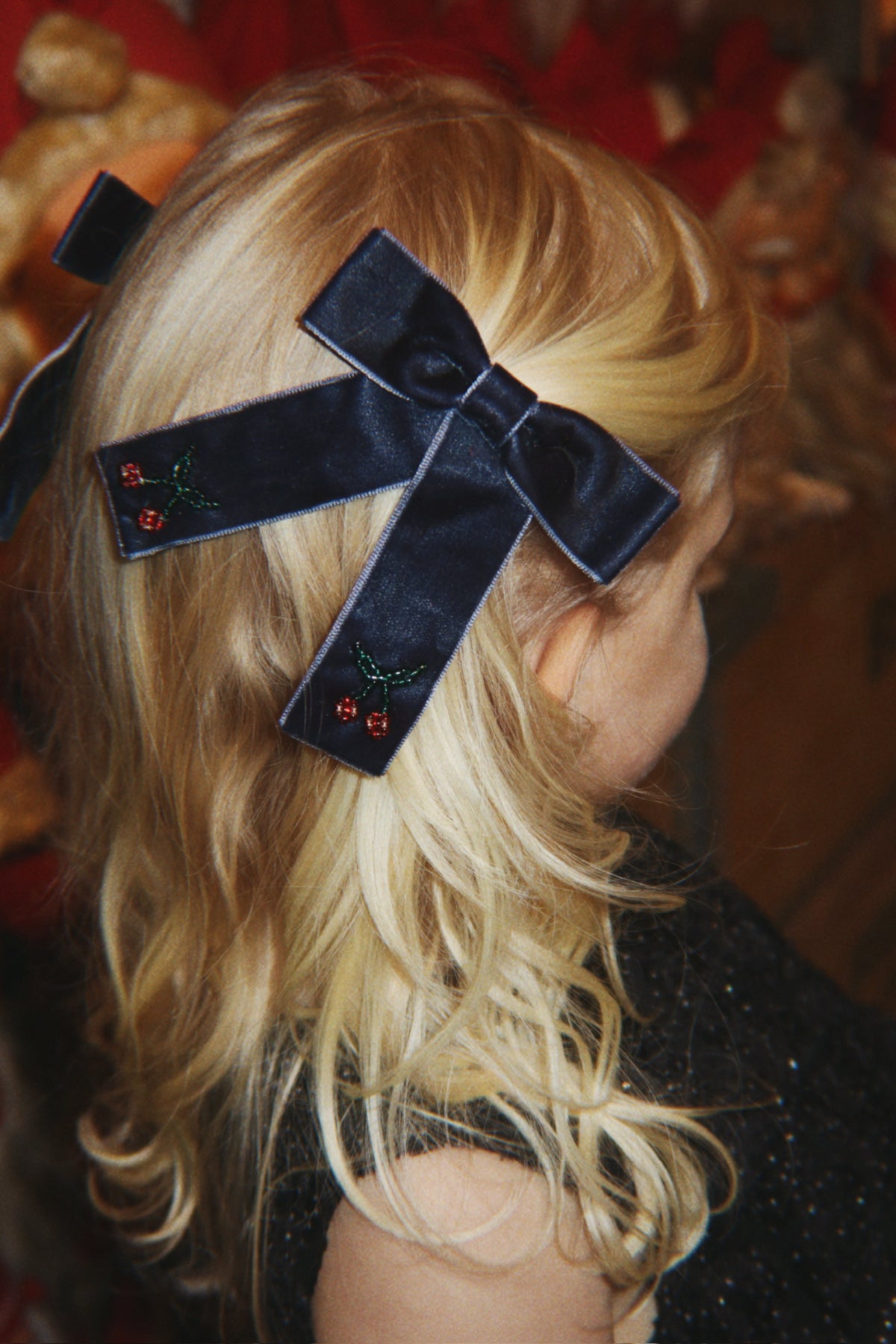 Velvet Double Bow Hair Clip - Navy