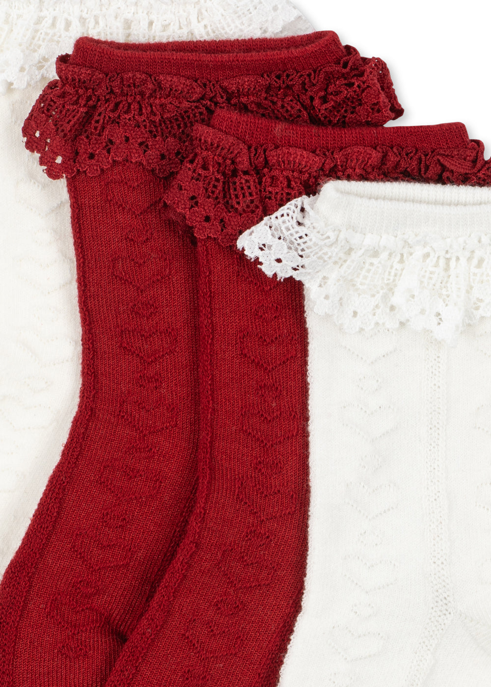 2 Pack Pointelle Frill Socks - Red / Off White