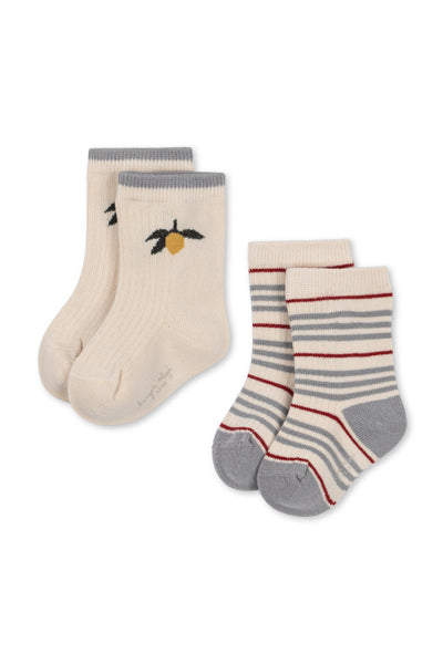 2 Pack Rib Stripe Socks - Blue Stripe / Lemon