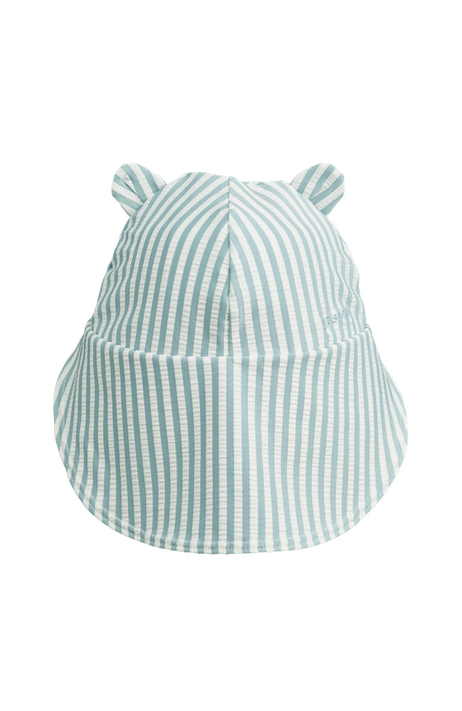 Senia Seersucker Sun Hat - Sea Blue/White